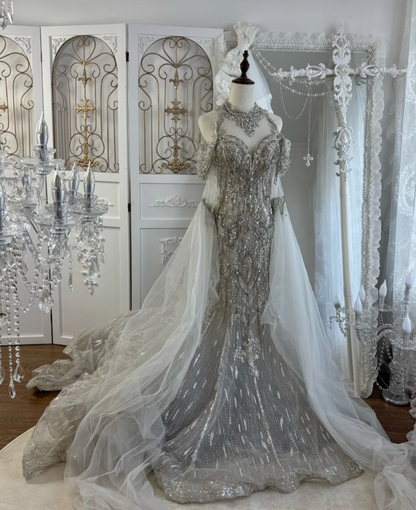 Glittering Long Sleeve Wedding Dress Halter Neck Beading Tassel Mermaid Bridal Dress GG7572
