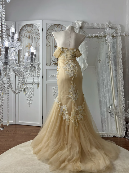 Alluring Off-Shoulder Apricot Prom Dress Appliques Sequins Mermaid Evening Dress GG7573