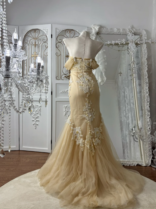 Alluring Off-Shoulder Apricot Prom Dress Appliques Sequins Mermaid Evening Dress GG7573