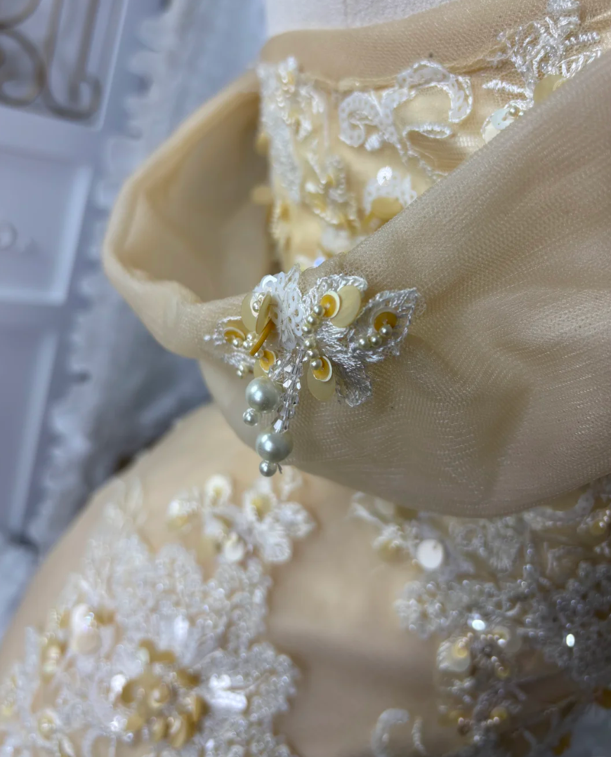 Alluring Off-Shoulder Apricot Prom Dress Appliques Sequins Mermaid Evening Dress GG7573