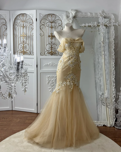 Alluring Off-Shoulder Apricot Prom Dress Appliques Sequins Mermaid Evening Dress GG7573