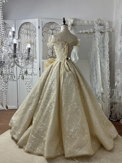 Shiny Off-Shoulder Ivory Wedding Dress Sequins Bow A-Line Bridal Dress GG7575