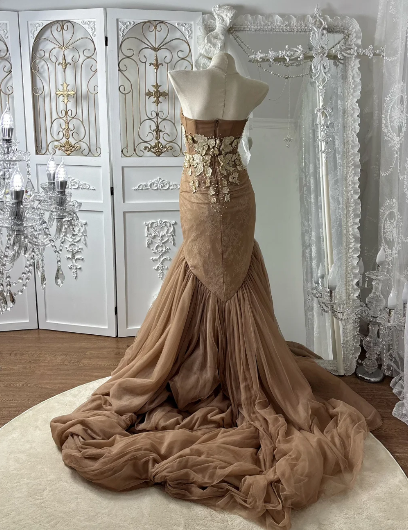 Y2K Strapless Brown Prom Dress Appliques Tulle Mermaid Evening Dress GG7576