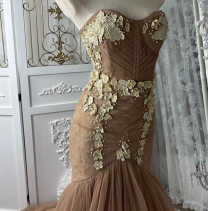 Y2K Strapless Brown Prom Dress Appliques Tulle Mermaid Evening Dress GG7576