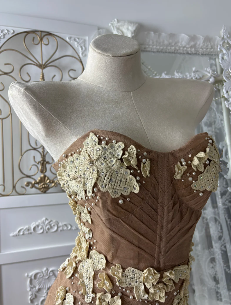 Y2K Strapless Brown Prom Dress Appliques Tulle Mermaid Evening Dress GG7576