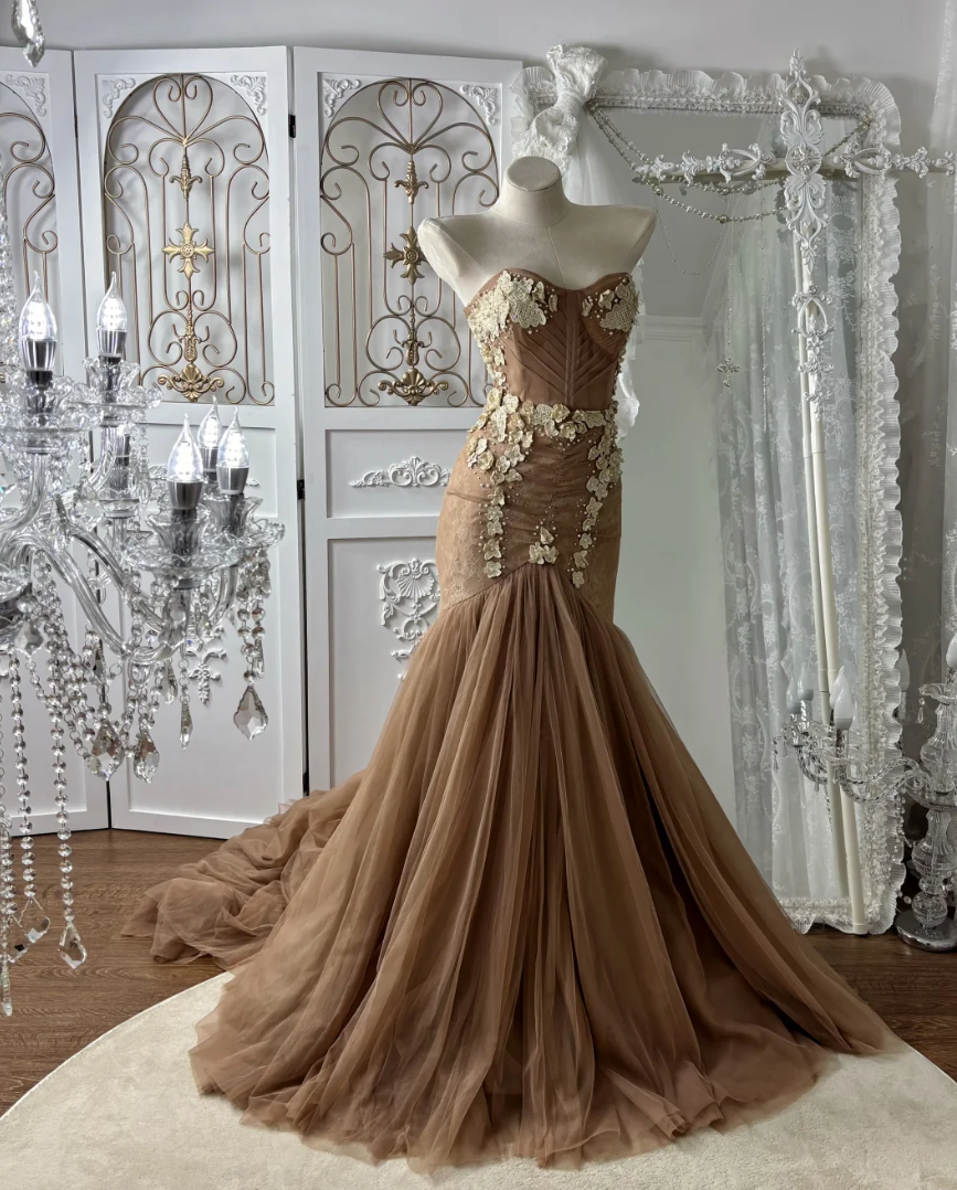 Y2K Strapless Brown Prom Dress Appliques Tulle Mermaid Evening Dress GG7576