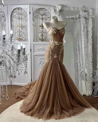 Y2K Strapless Brown Prom Dress Appliques Tulle Mermaid Evening Dress GG7576