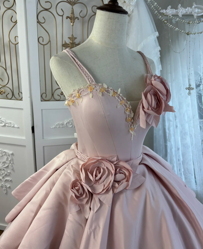 Lovely Spaghetti Straps Prom Dress Pink Sequins Floral A-Line Evening Dress GG7577