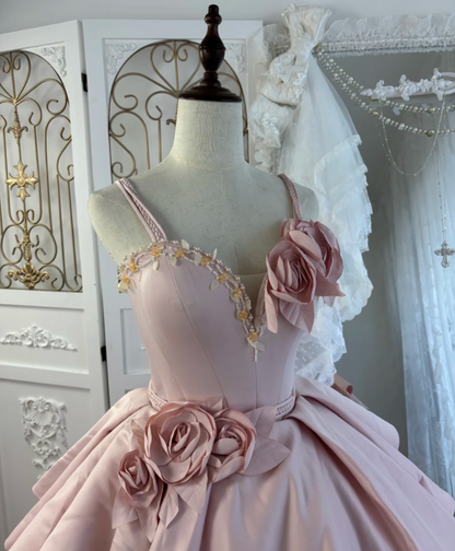 Lovely Spaghetti Straps Prom Dress Pink Sequins Floral A-Line Evening Dress GG7577