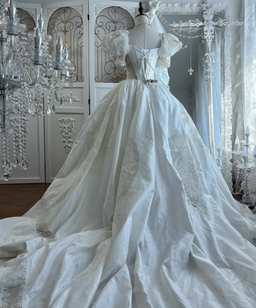 Romantic Square Neck Sequins Wedding Dress Short Sleeve Appliques A-Line Bridal Dress GG7581