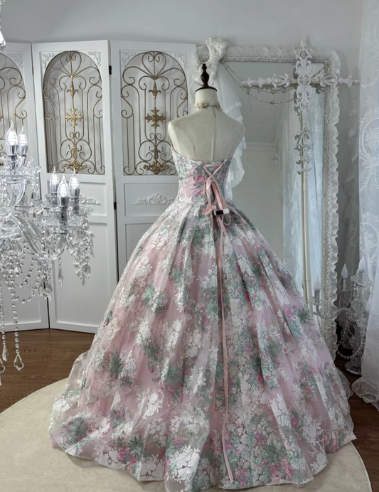 Romantic Strapless Pink Prom Dress Sequins Floral A-Line Evening Dress GG7583