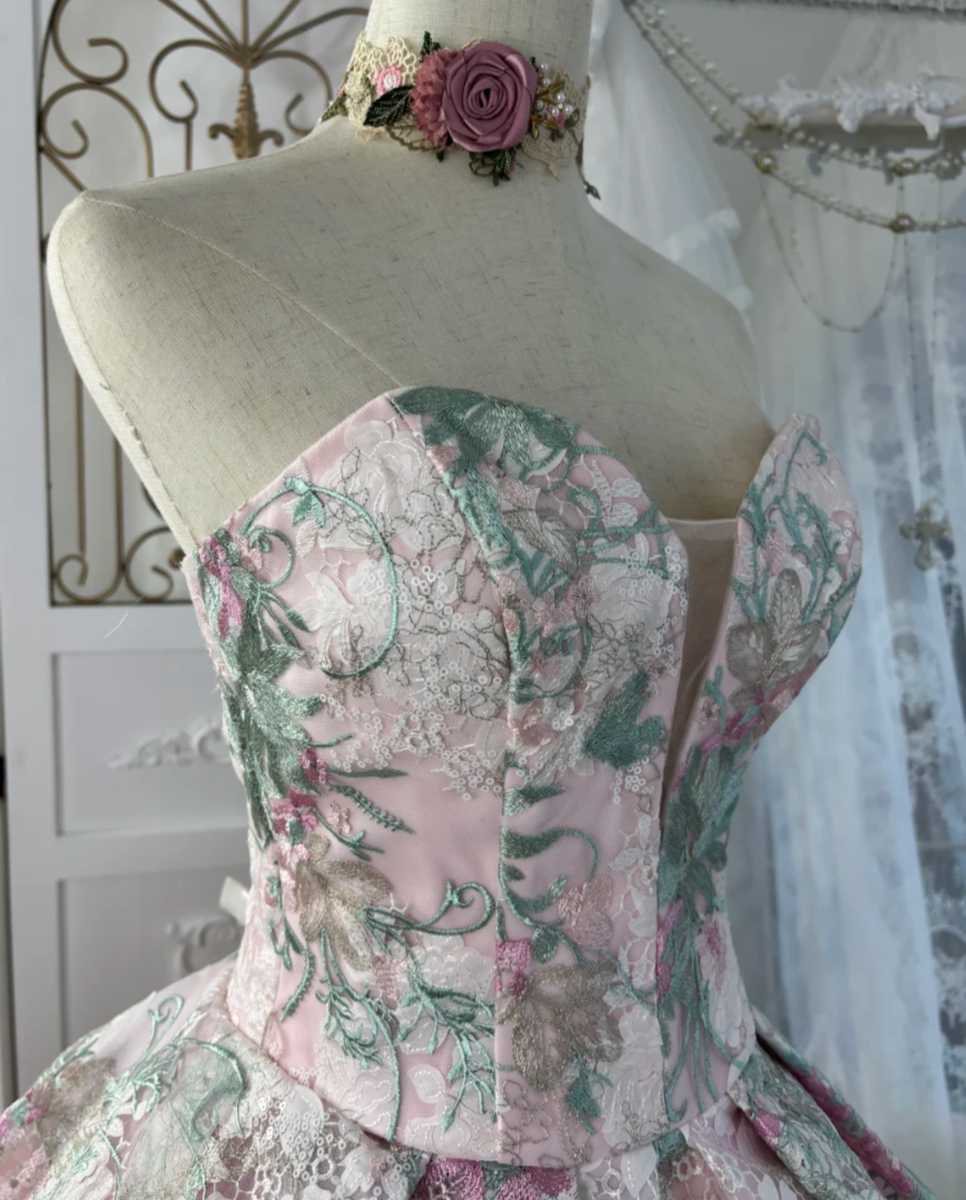 Romantic Strapless Pink Prom Dress Sequins Floral A-Line Evening Dress GG7583