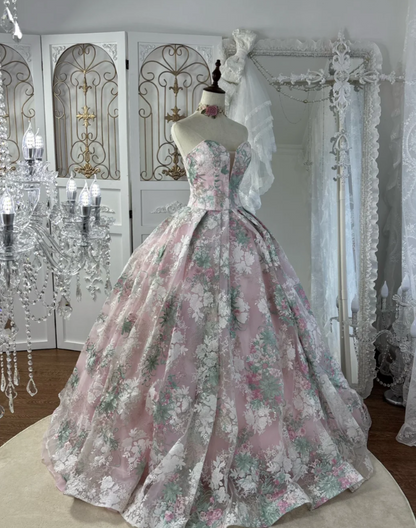 Romantic Strapless Pink Prom Dress Sequins Floral A-Line Evening Dress GG7583