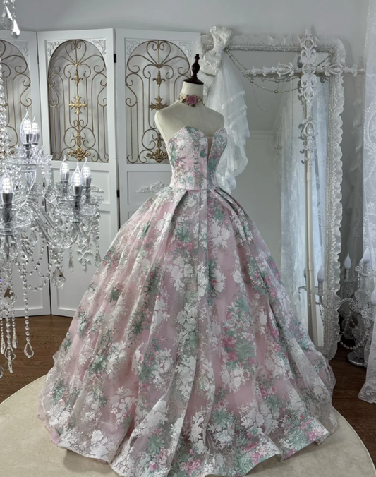 Romantic Strapless Pink Prom Dress Sequins Floral A-Line Evening Dress GG7583