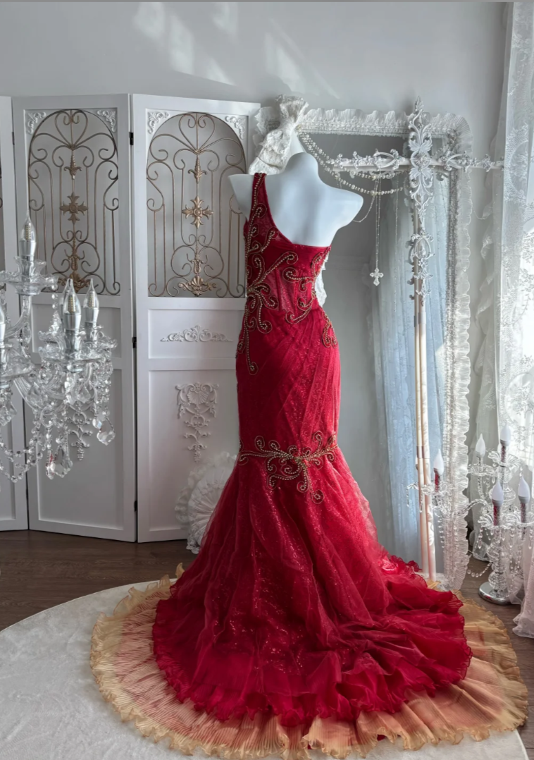 Vintage One Shoulder Red Prom Dress Sequins Mermaid Evening Dress GG7584