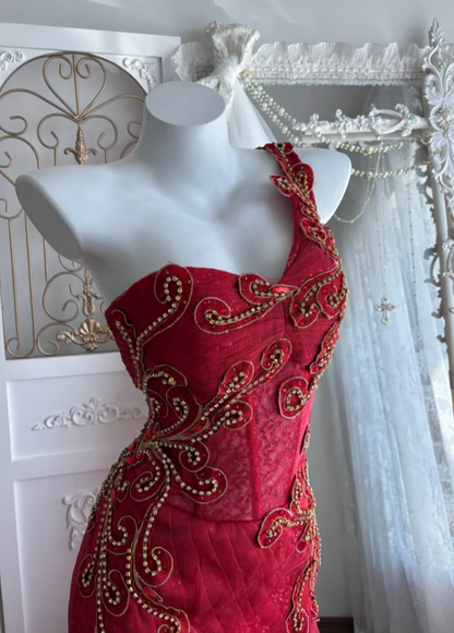 Vintage One Shoulder Red Prom Dress Sequins Mermaid Evening Dress GG7584