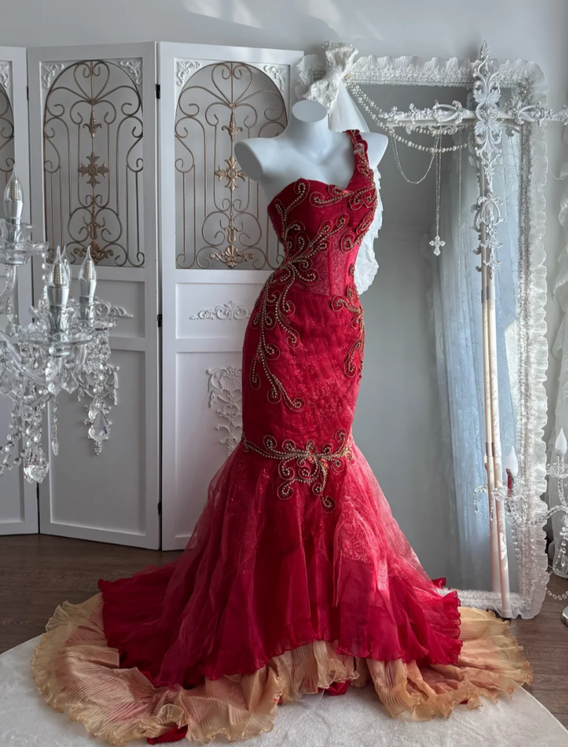Vintage One Shoulder Red Prom Dress Sequins Mermaid Evening Dress GG7584
