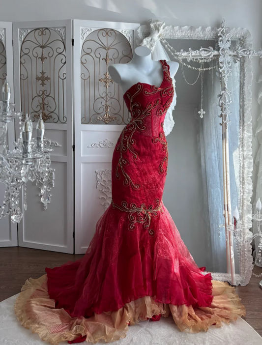 Vintage One Shoulder Red Prom Dress Sequins Mermaid Evening Dress GG7584