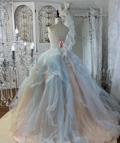 Dreamy Strapless Pink & Blue Prom Dress Ruffles Beading A-Line Evening Dress GG7585