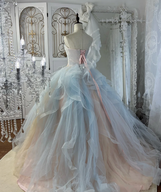 Dreamy Strapless Pink & Blue Prom Dress Ruffles Beading A-Line Evening Dress GG7585