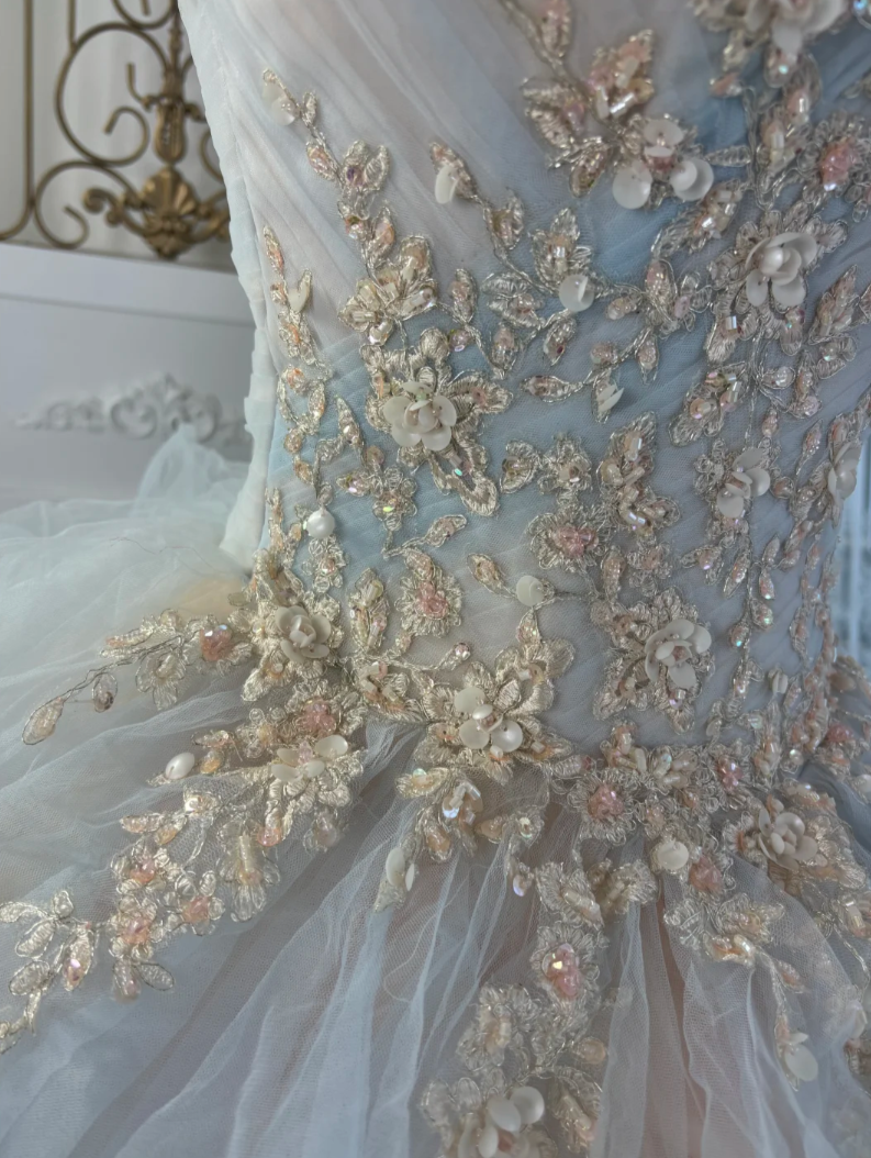 Dreamy Strapless Pink & Blue Prom Dress Ruffles Beading A-Line Evening Dress GG7585