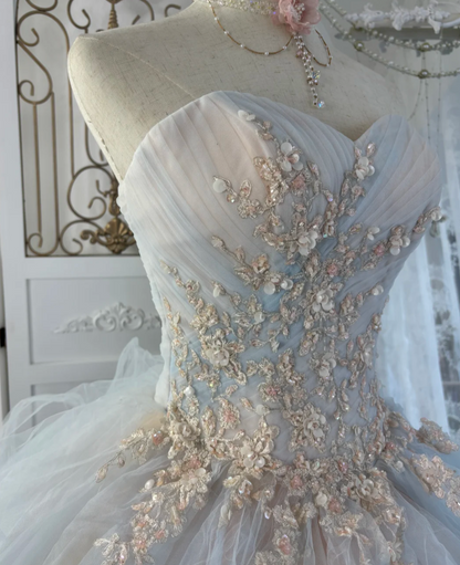 Dreamy Strapless Pink & Blue Prom Dress Ruffles Beading A-Line Evening Dress GG7585