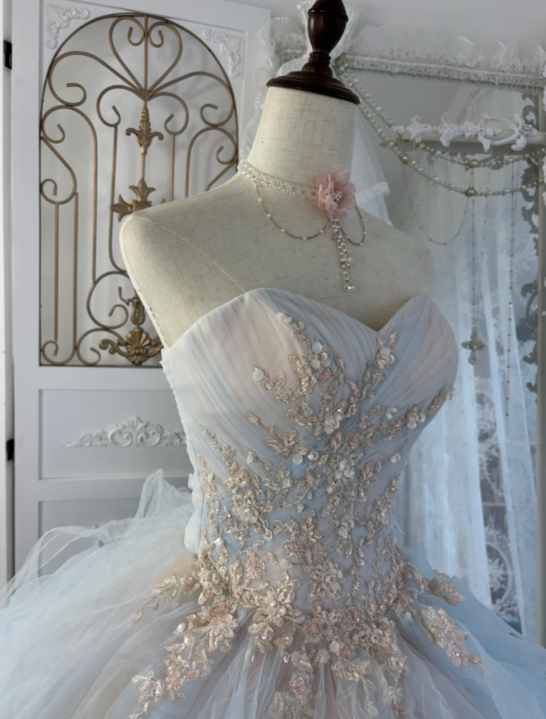 Dreamy Strapless Pink & Blue Prom Dress Ruffles Beading A-Line Evening Dress GG7585