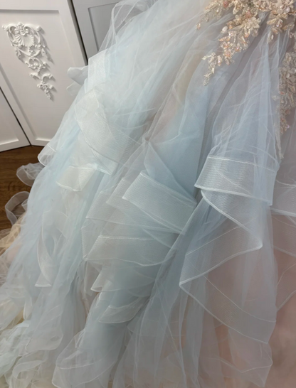 Dreamy Strapless Pink & Blue Prom Dress Ruffles Beading A-Line Evening Dress GG7585