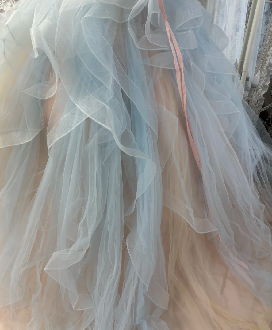 Dreamy Strapless Pink & Blue Prom Dress Ruffles Beading A-Line Evening Dress GG7585