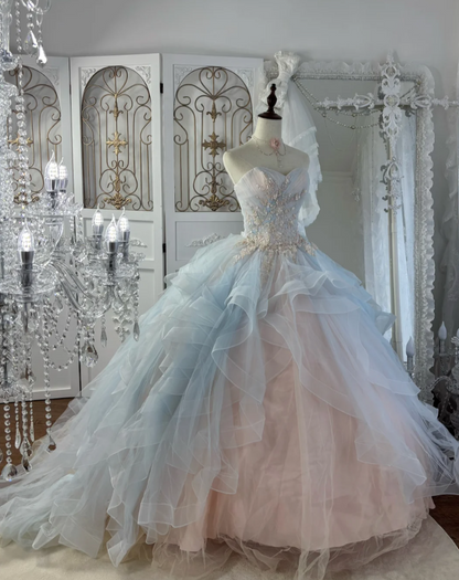 Dreamy Strapless Pink & Blue Prom Dress Ruffles Beading A-Line Evening Dress GG7585