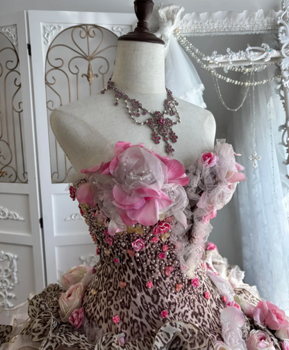 Voluminous Strapless Leopard Prom Dress Beads Appliques Ruffles A-Line Evening Dress GG7587