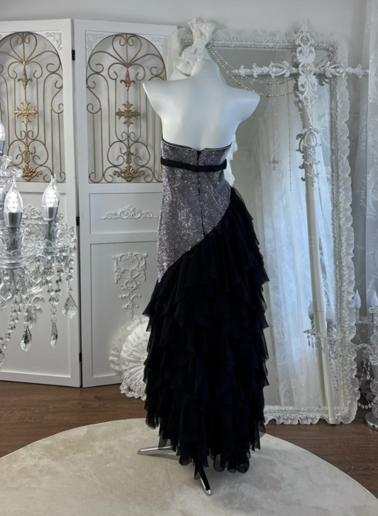 Retro Strapless Black Homecoming Dress Sequins Tiered Sheath Birthday Dress GG7588