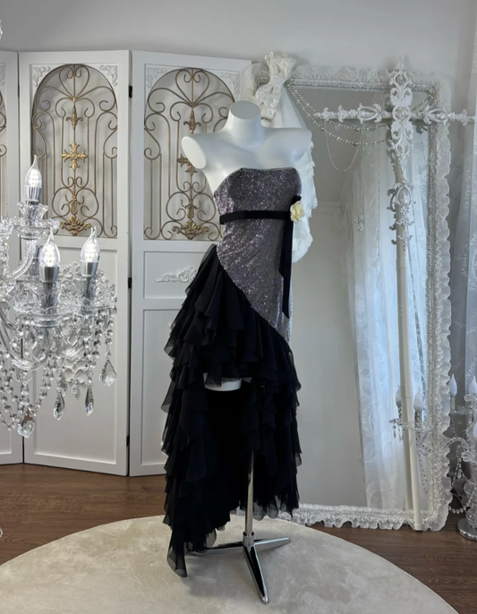 Retro Strapless Black Homecoming Dress Sequins Tiered Sheath Birthday Dress GG7588