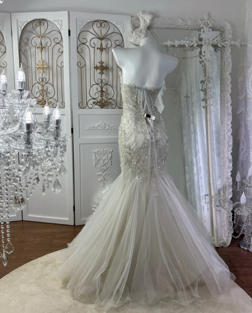 Elegant Strapless Beading Wedding Dress Sequins Tulle Mermaid Bridal Dress GG7589