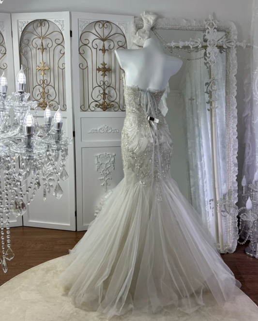 Elegant Strapless Beading Wedding Dress Sequins Tulle Mermaid Bridal Dress GG7589