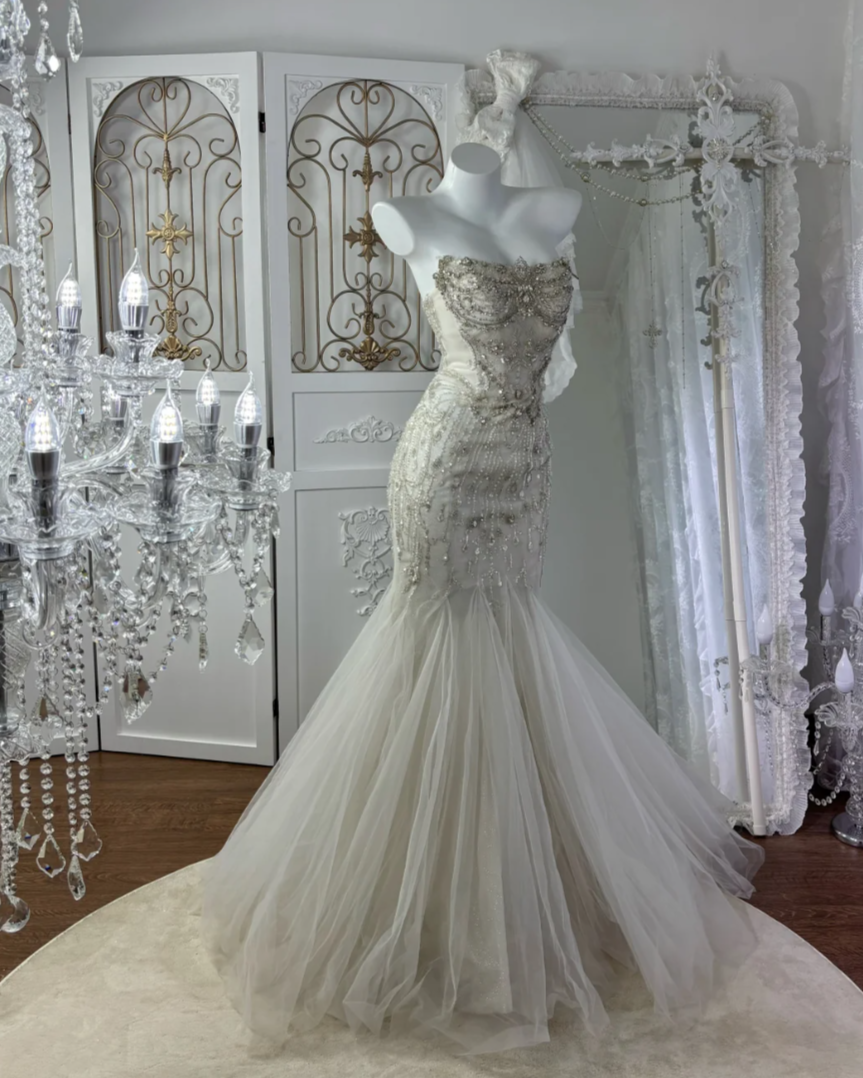 Elegant Strapless Beading Wedding Dress Sequins Tulle Mermaid Bridal Dress GG7589
