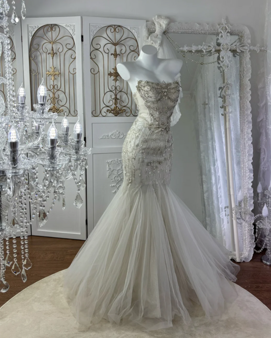 Elegant Strapless Beading Wedding Dress Sequins Tulle Mermaid Bridal Dress GG7589