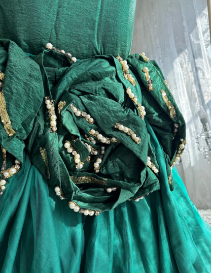 Charming Spaghetti Straps Prom Dress Green Handmade Flowers Beading Mermaid Evening Dress GG7590