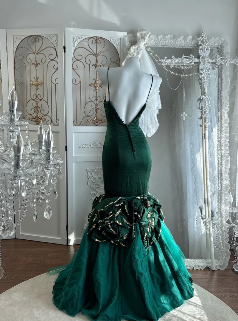 Charming Spaghetti Straps Prom Dress Green Handmade Flowers Beading Mermaid Evening Dress GG7590