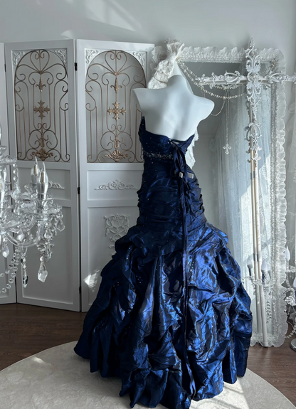 Attractive Strapless Beading Prom Dress Blue Ruffles Mermaid Evening Dress GG7591