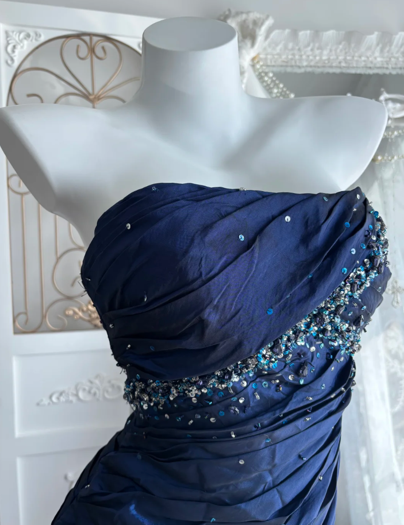 Attractive Strapless Beading Prom Dress Blue Ruffles Mermaid Evening Dress GG7591