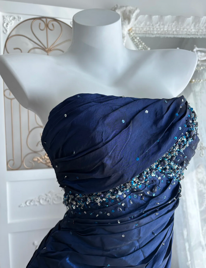 Attractive Strapless Beading Prom Dress Blue Ruffles Mermaid Evening Dress GG7591