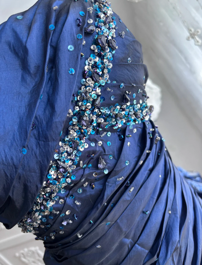 Attractive Strapless Beading Prom Dress Blue Ruffles Mermaid Evening Dress GG7591