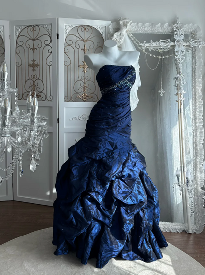 Attractive Strapless Beading Prom Dress Blue Ruffles Mermaid Evening Dress GG7591