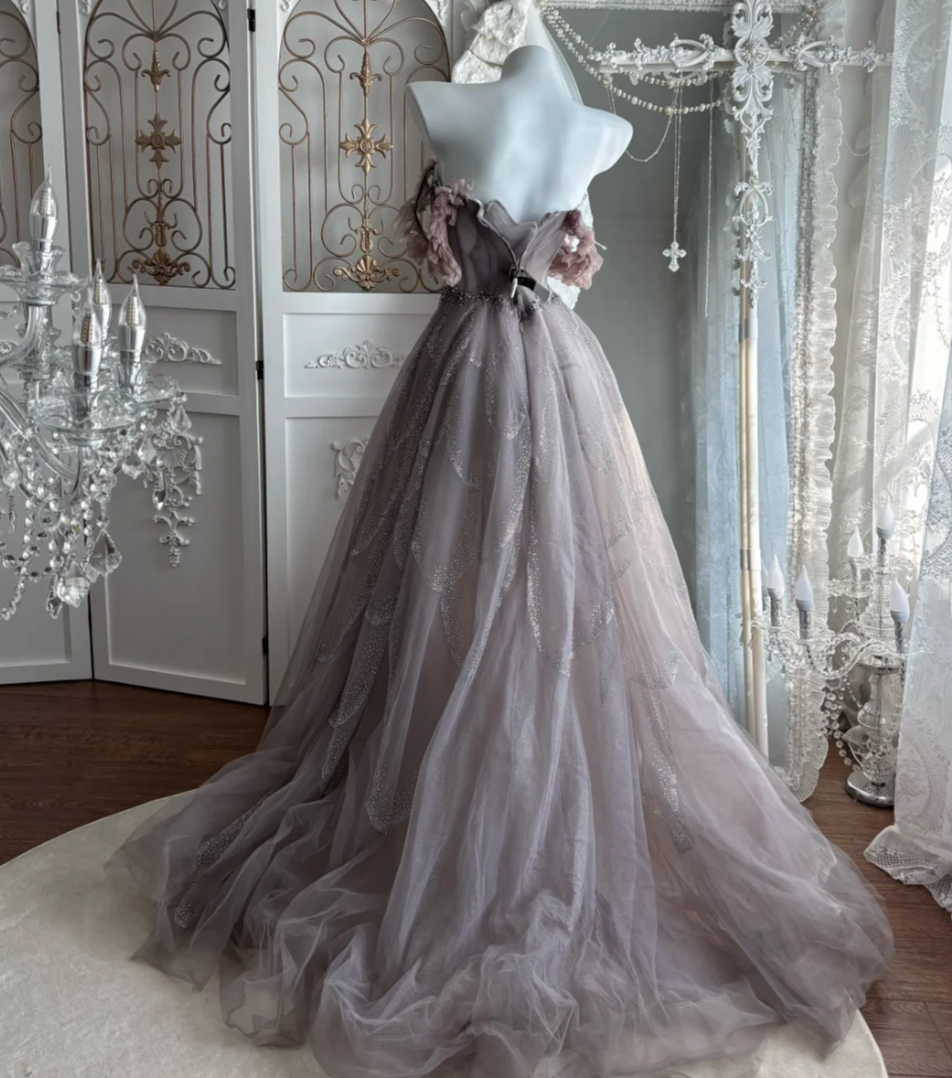 Fascinating Off The Shoulder Prom Dress Purple Beading Tulle A-Line Evening Dress GG7592