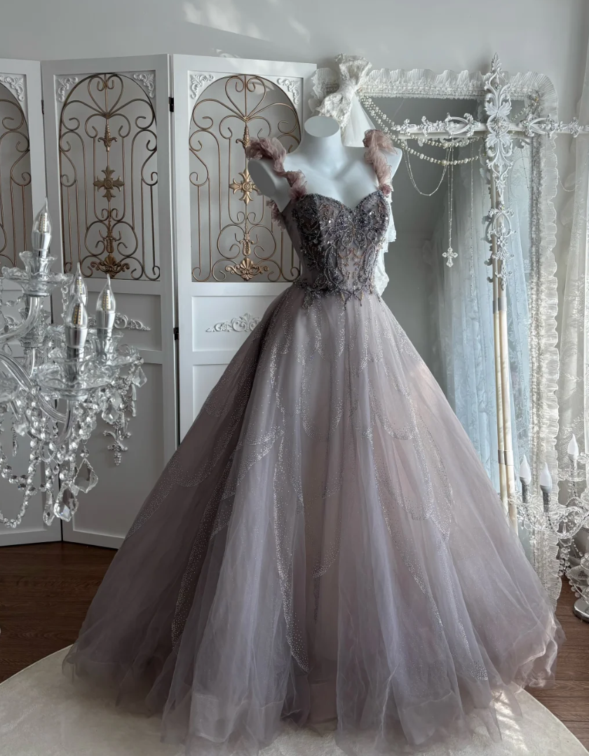 Fascinating Off The Shoulder Prom Dress Purple Beading Tulle A-Line Evening Dress GG7592
