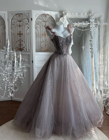 Fascinating Off The Shoulder Prom Dress Purple Beading Tulle A-Line Evening Dress GG7592