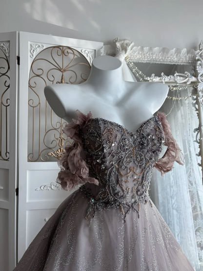 Fascinating Off The Shoulder Prom Dress Purple Beading Tulle A-Line Evening Dress GG7592