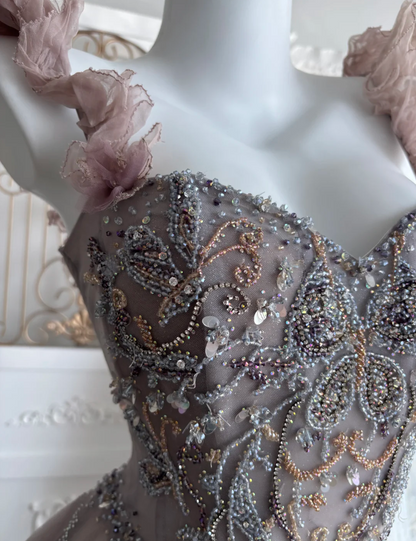 Fascinating Off The Shoulder Prom Dress Purple Beading Tulle A-Line Evening Dress GG7592