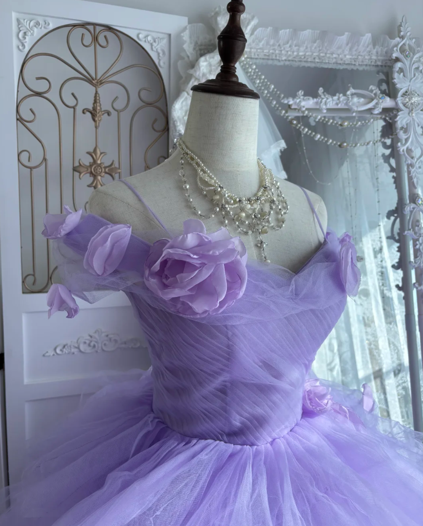 Ornate Off The Shoulder Prom Dress Purple Tulle Floral A-Line Evening Dress GG7593